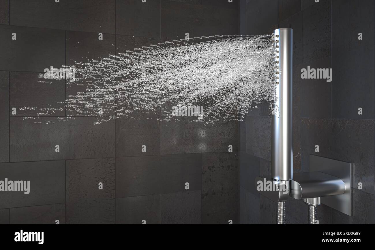 Moderno soffione doccia con getti d'acqua, piastrelle nere, bagno 3d. Foto Stock