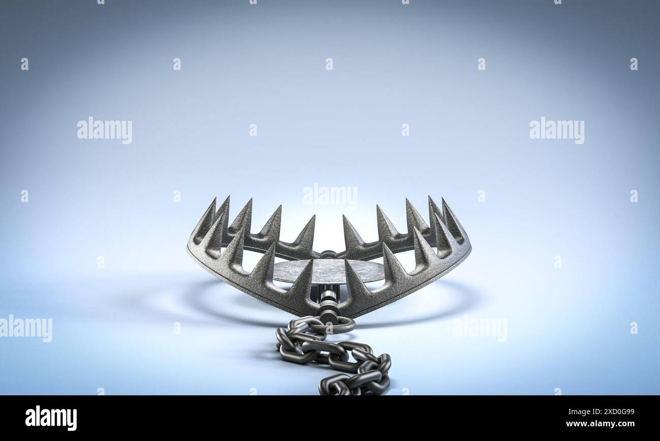 Trappola per orsi metallici sfondo blu, rendering 3d Danger Concept Foto Stock