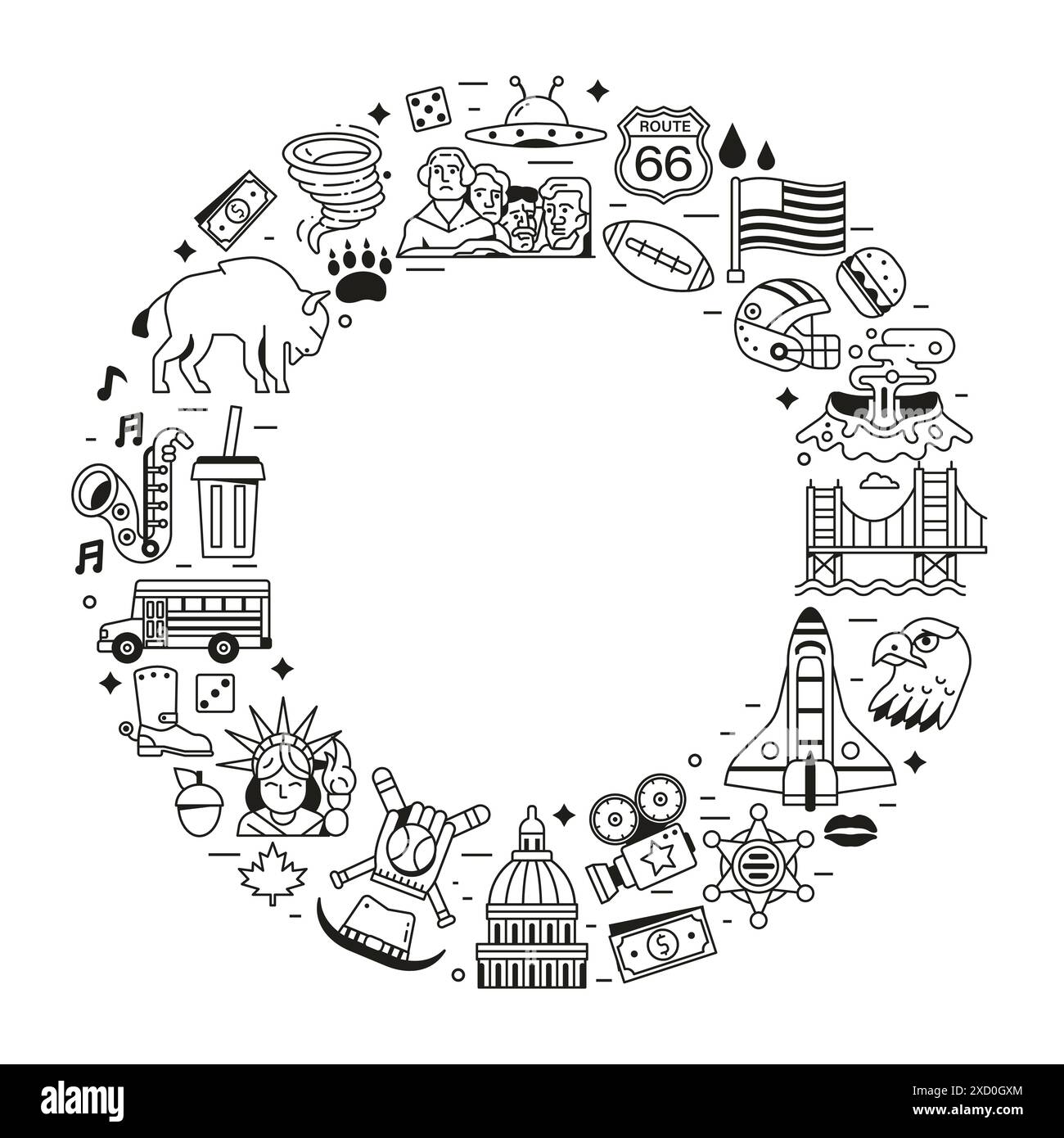 Travel USA Border Frame with America Icons Illustrazione Vettoriale
