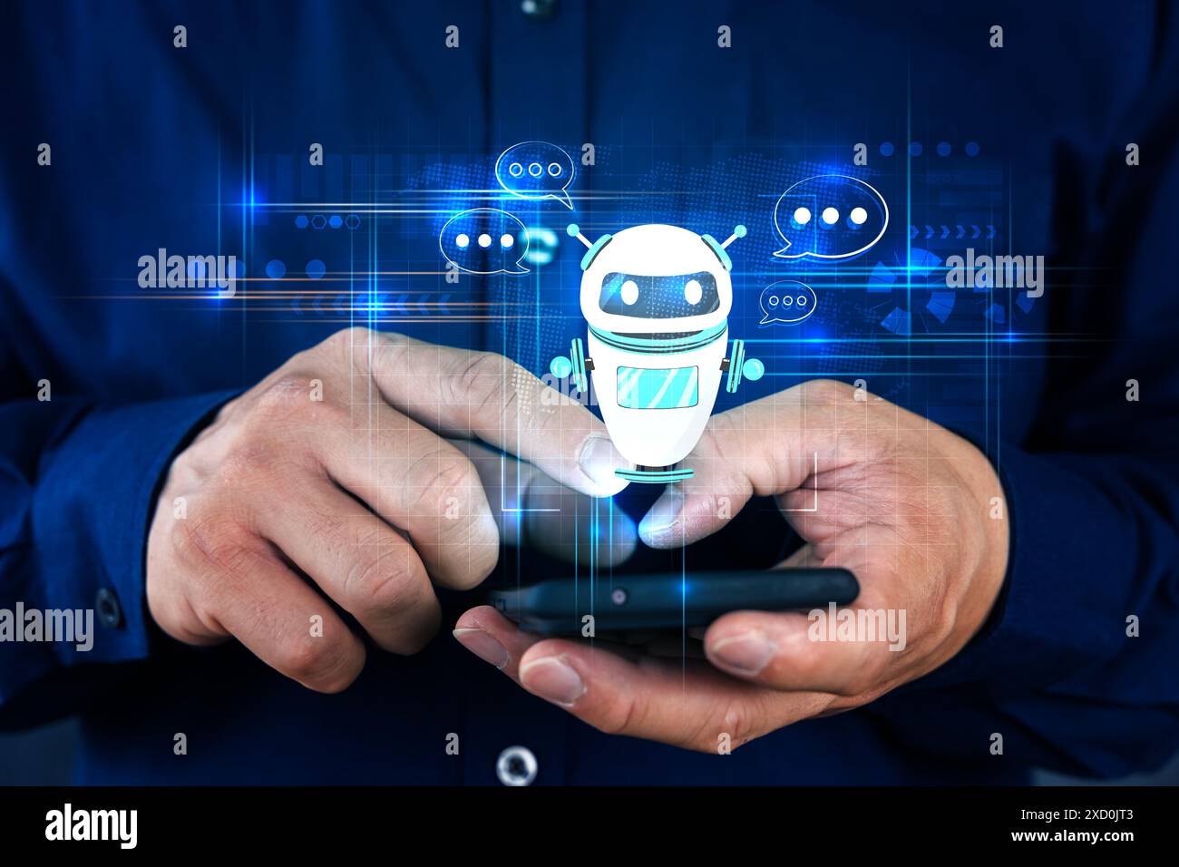 Toccare con mano il chatbot digitale per accedere a informazioni e dati nella rete online. Applicazioni robotiche e connettività globale intelligenza artificiale ai Foto Stock