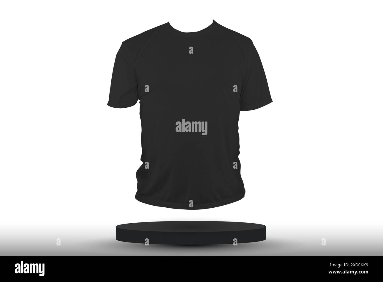 Una camicia nera viene visualizzata su un piedistallo bianco, con un percorso di ritaglio. La camicia ha un design semplice senza motivo o scrittura. Concetto di minimalismo e simp Foto Stock