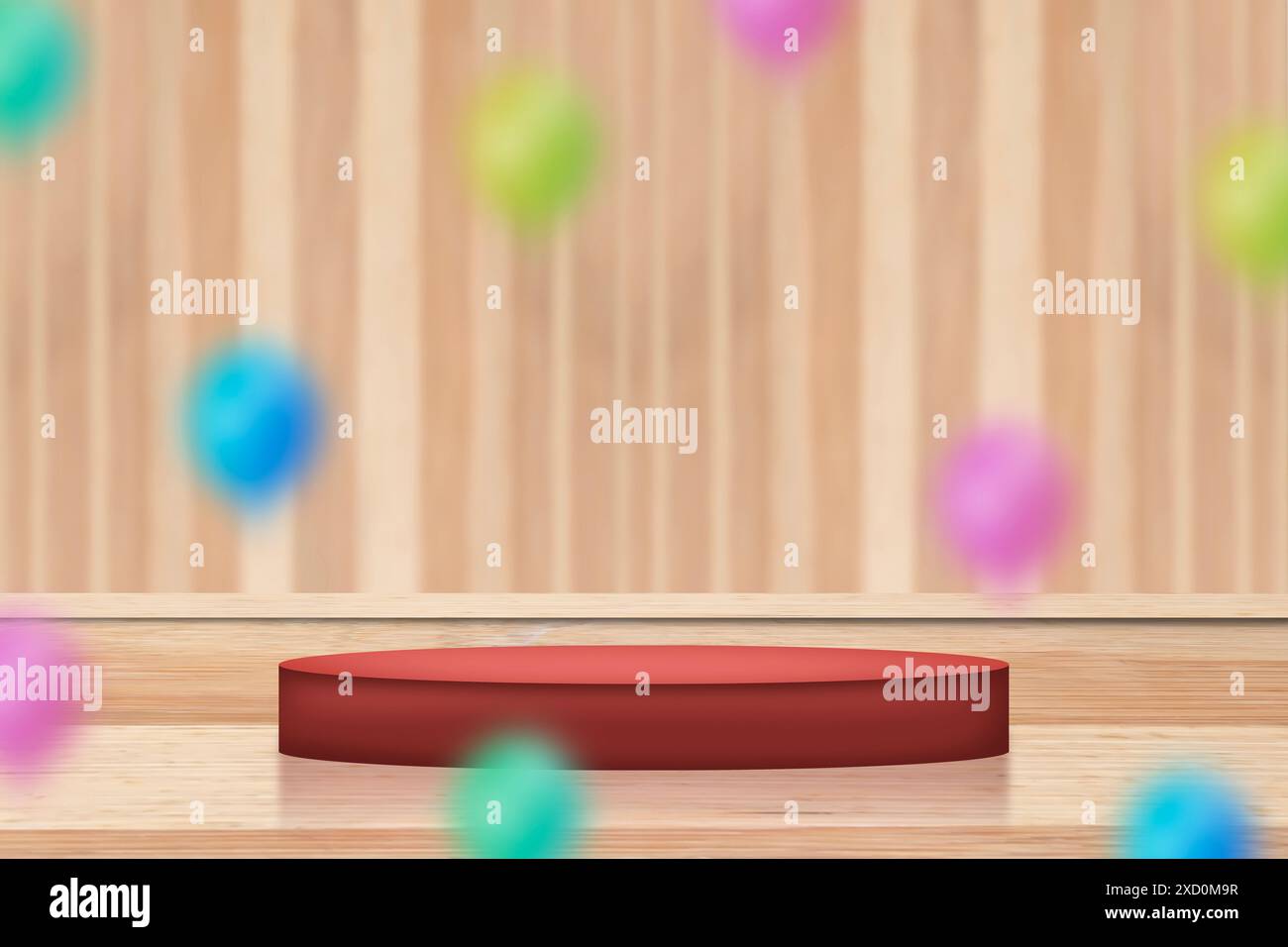 Podio rosso su pavimento in legno con palloncini colorati sullo sfondo Foto Stock