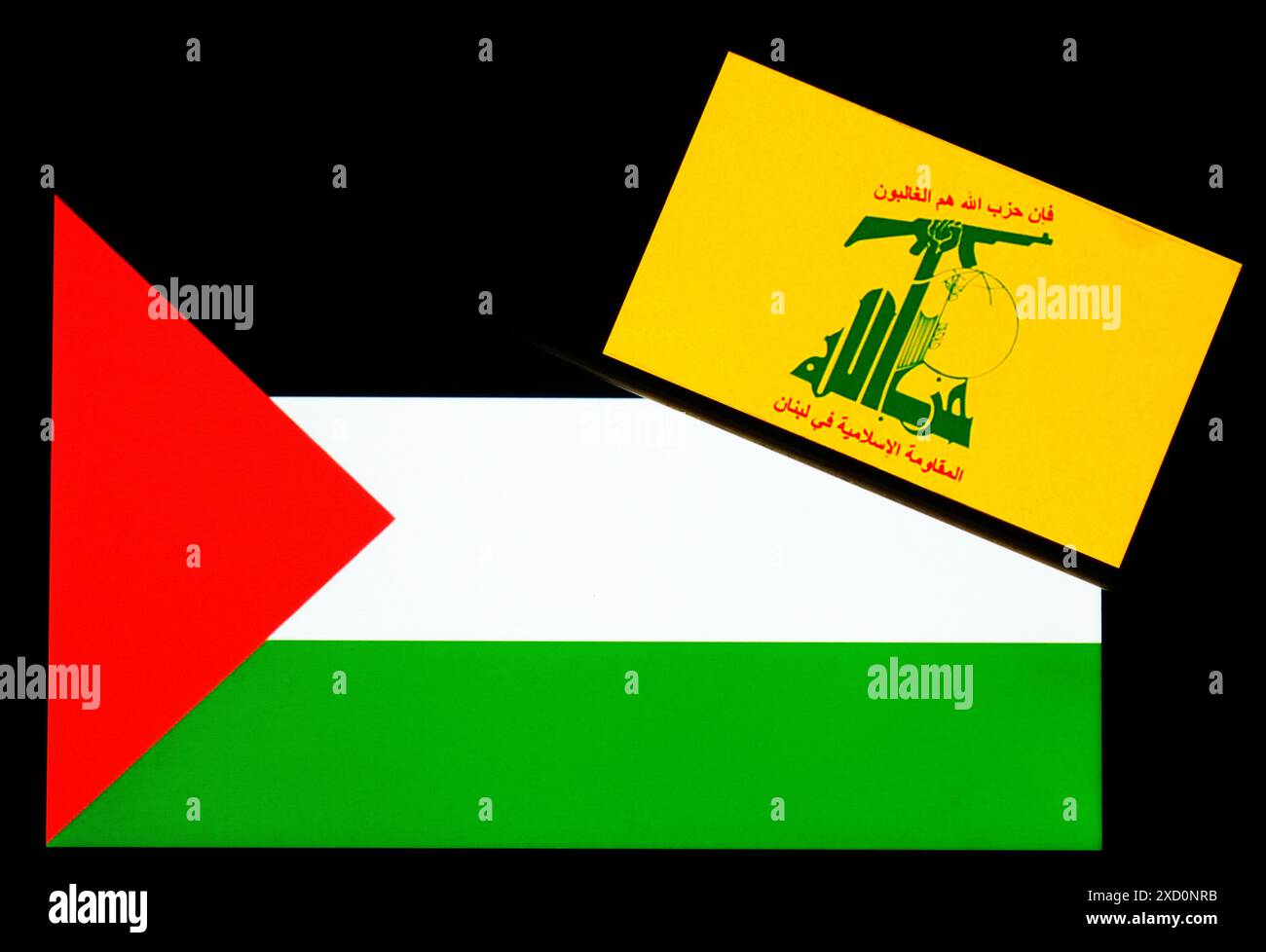 Ucraina - 19 giugno 2024: In questa immagine, il logo Hezbollah (resistenza islamica in Libano) è stato visualizzato su uno smartphone e bandiera palestinese Foto Stock