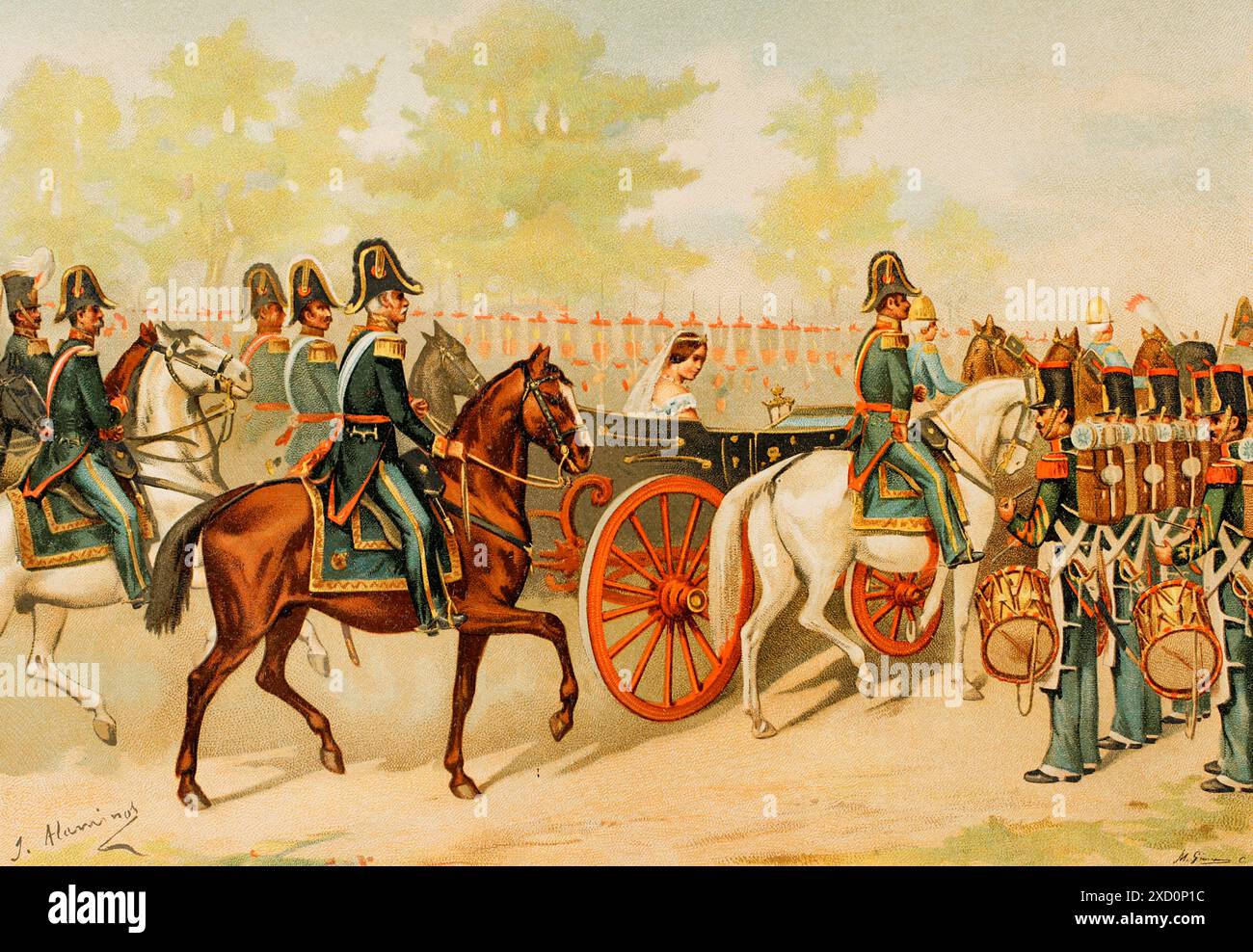 Storia della Spagna. Revisione delle truppe e della milizia nazionale da parte del Governatore della Regina. Illustrazione di J. Alaminos. Cromolitografia. "Historia de la guerra Civil y de los partidos liberal y carlista" (storia della guerra civile e dei partiti liberali e carlisti), di Antonio Pirala. Volume I. Madrid, 1889. Foto Stock