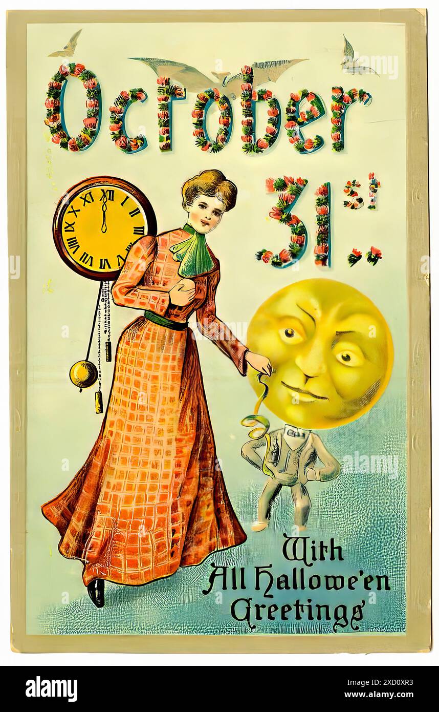 31 ottobre, auguri di Halloween - poster con stampa pubblicitaria d'epoca Foto Stock