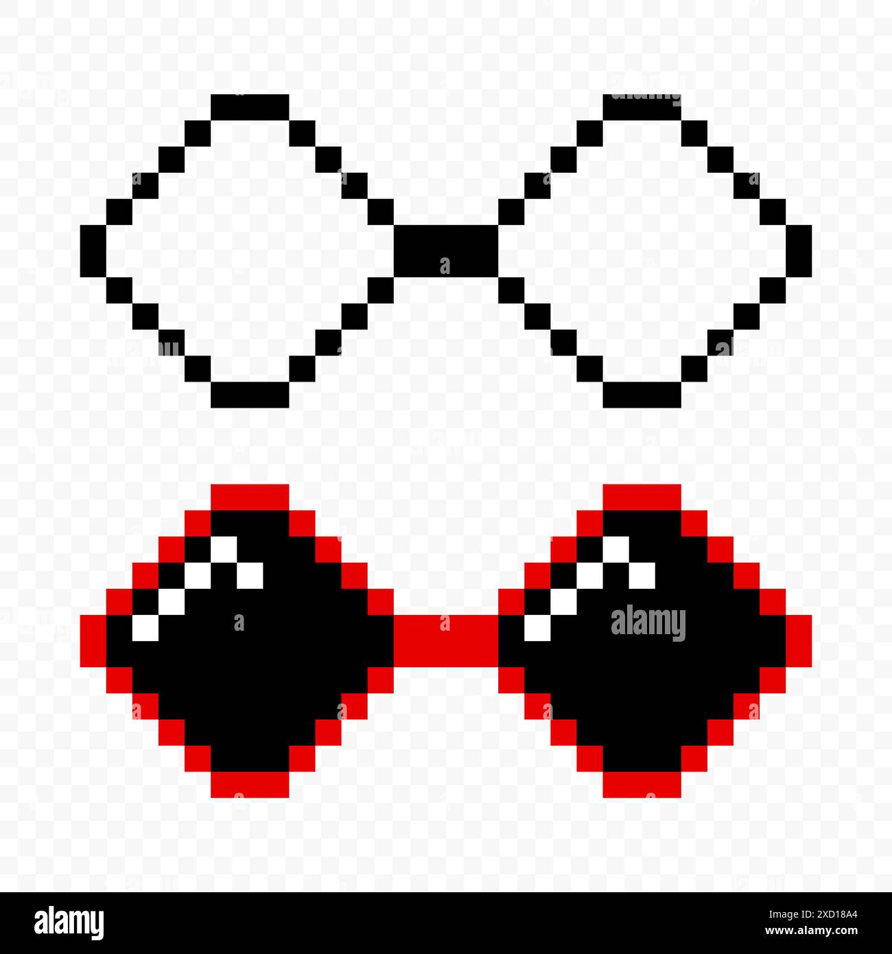 Set di occhiali da sole pixelati. Occhiali Pixel Boss, stile 8 bit. Modello di design per occhiali da sole meme Game a 8 bit, isolato. Illustrazione Vettoriale