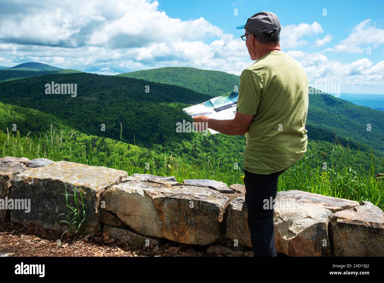 Maschio adulto singolo con vista sulla Blue Ridge Parkway, guardando una mappa della zona. Virginia. Foto Stock