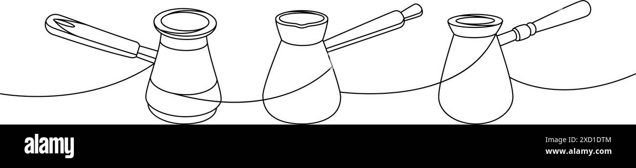 Caffettiere turche a una linea di disegno continuo. Elementi disegnati a mano per il menu' da caffe' e caffetteria. Illustrazione lineare vettoriale. Illustrazione Vettoriale