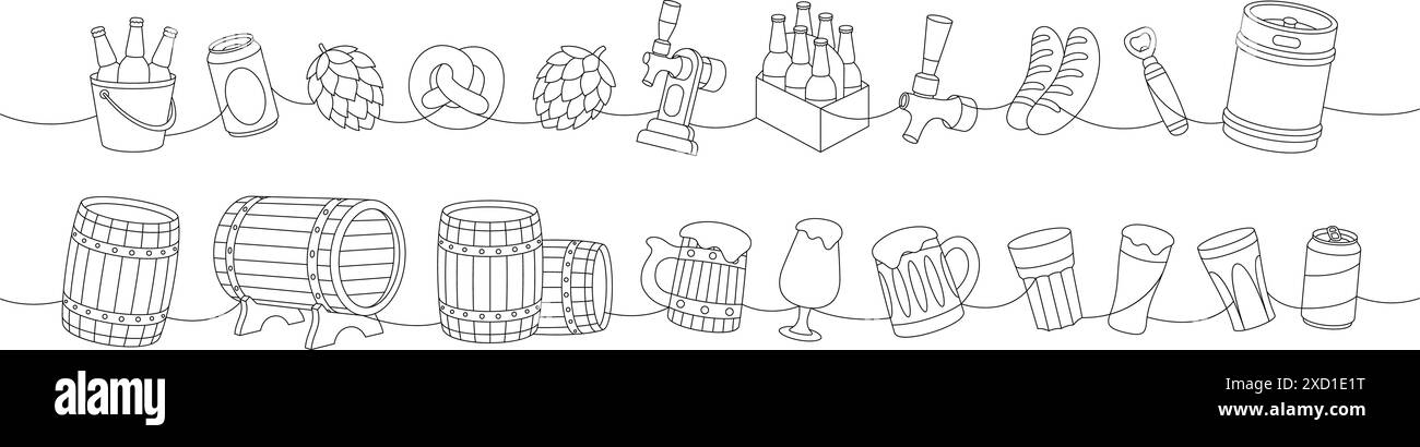 Birra a una linea, disegno continuo. Botti di legno, lattine, tazze, fusto di metallo, apribottiglie, salsicce, rubinetto, cono hop continuo su una linea. Illustrazione Vettoriale