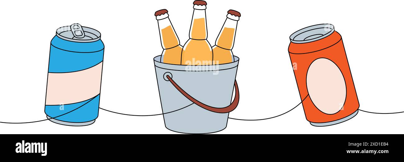 Elementi di birra disegno continuo con una linea colorata. Lattine di birra, bottiglie in un secchio di ghiaccio, illustrazione continua di una riga. Illustrazione lineare vettoriale. Illustrazione Vettoriale