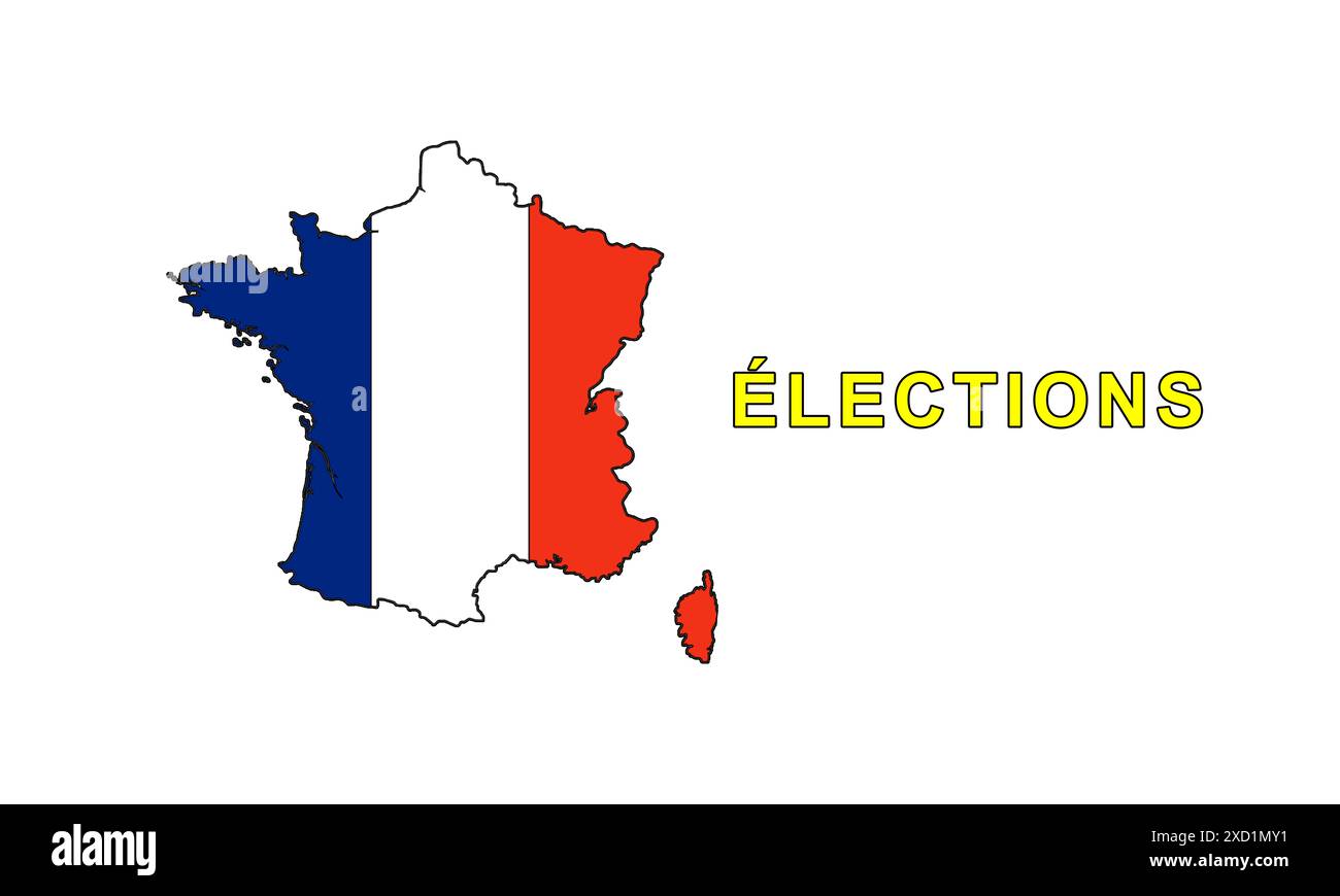 Elezioni legislative in Francia, convocate dal presidente Emmanuel Macron. Simbolo della bandiera francese e testo su sfondo neutro. Foto Stock