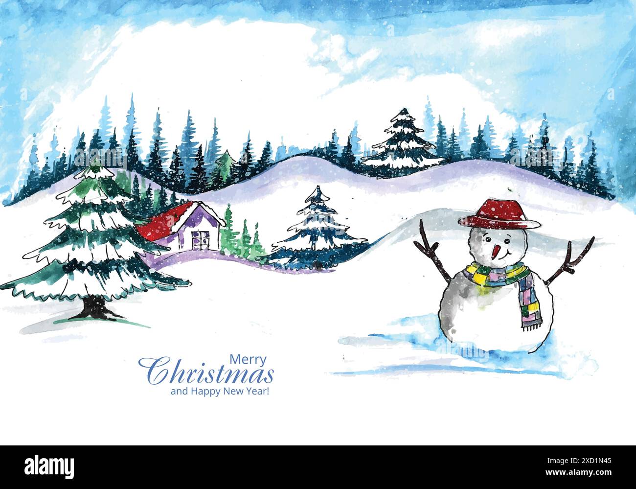 Paesaggio invernale di neve e casa albero di natale disegno di cartoline vacanza Illustrazione Vettoriale