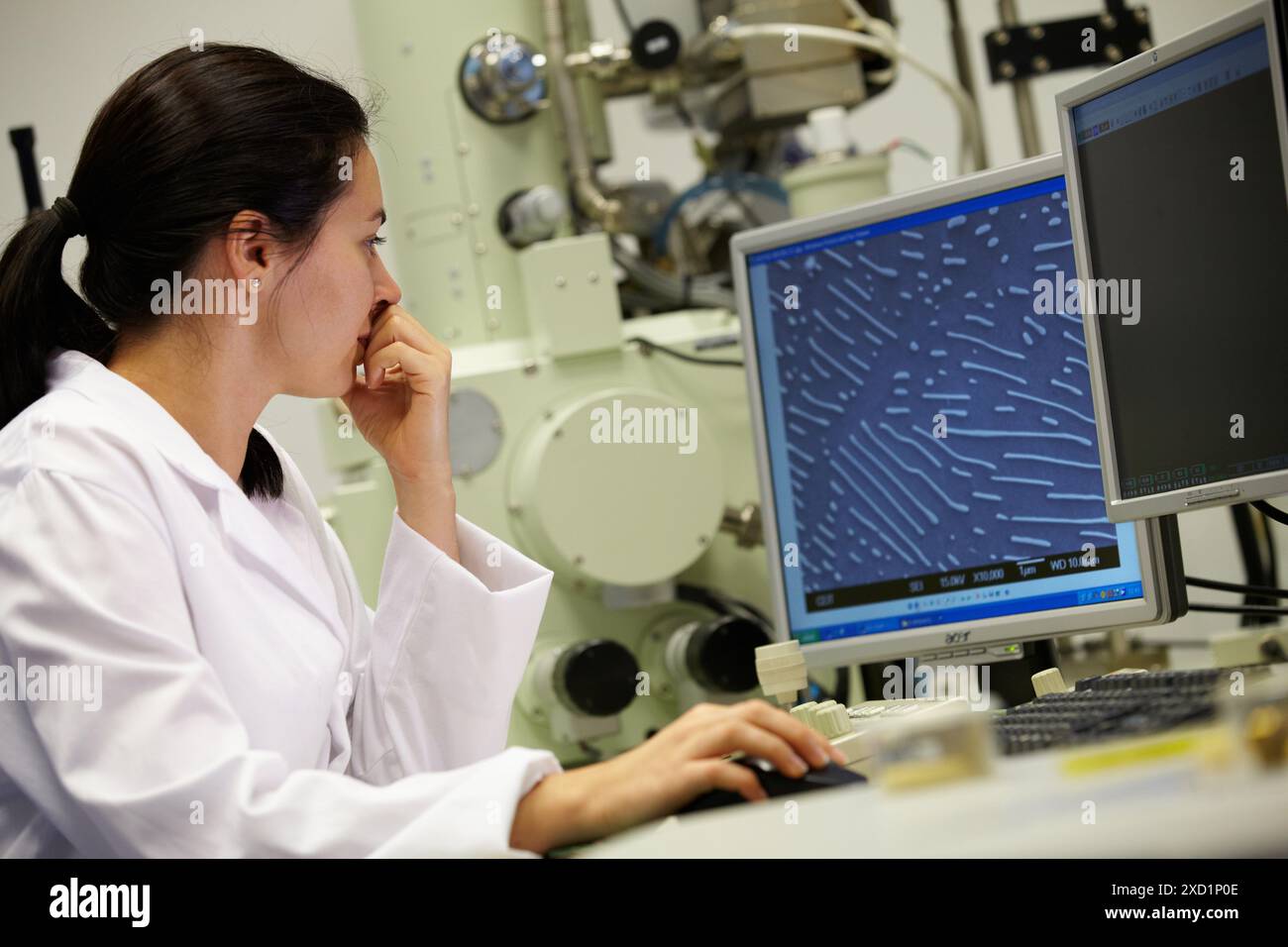 Microscopio elettronico JSM 7000F Thermal-FEG SEM Micro analisi strutturale mediante microscopia elettronica aspetto e distribuzione della cementite nel terreno c Foto Stock