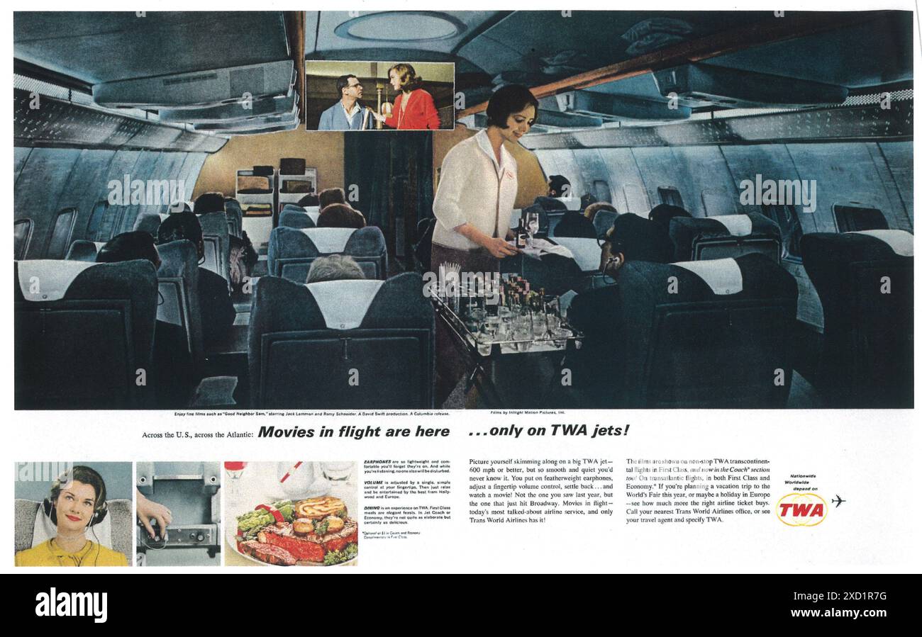 1964 annuncio TWA Trans World Airlines - "Movies in flight on TWA Jets" Foto Stock