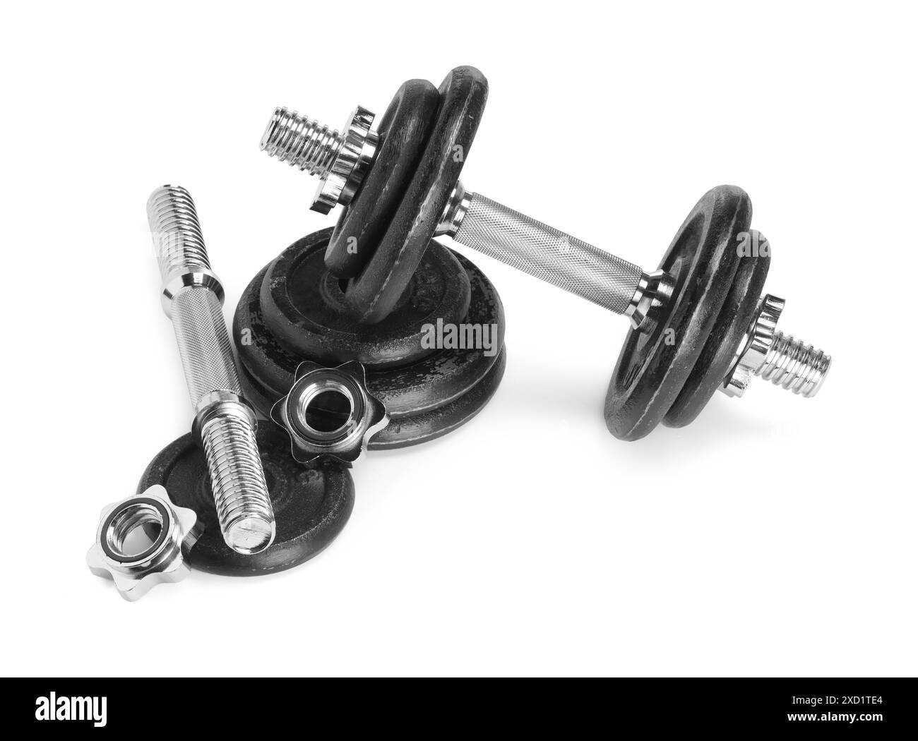 Barbell e parti di uno isolato sul bianco Foto Stock