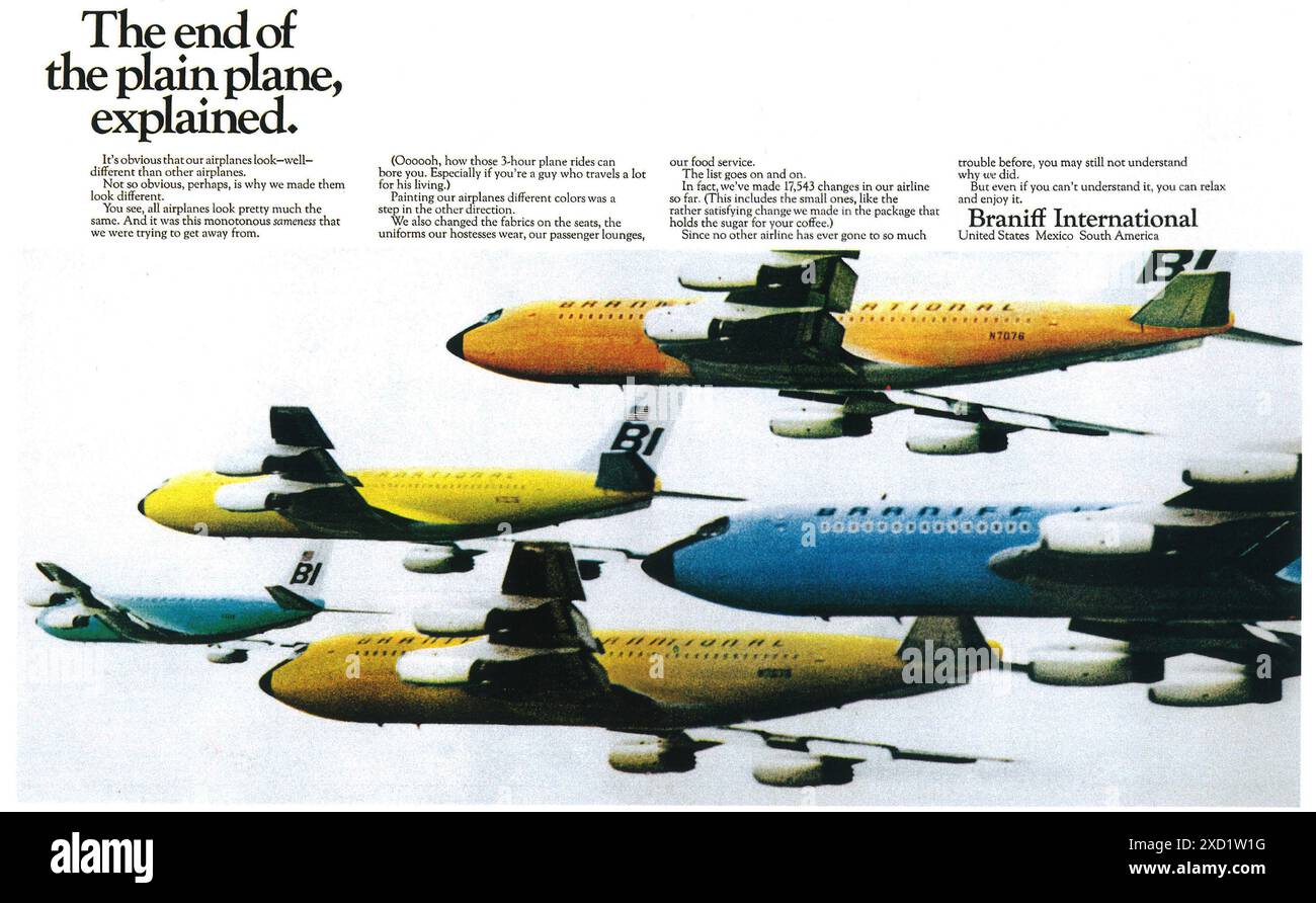 1966 Braniff International annuncio - "la fine del piano, spiegato." Foto Stock