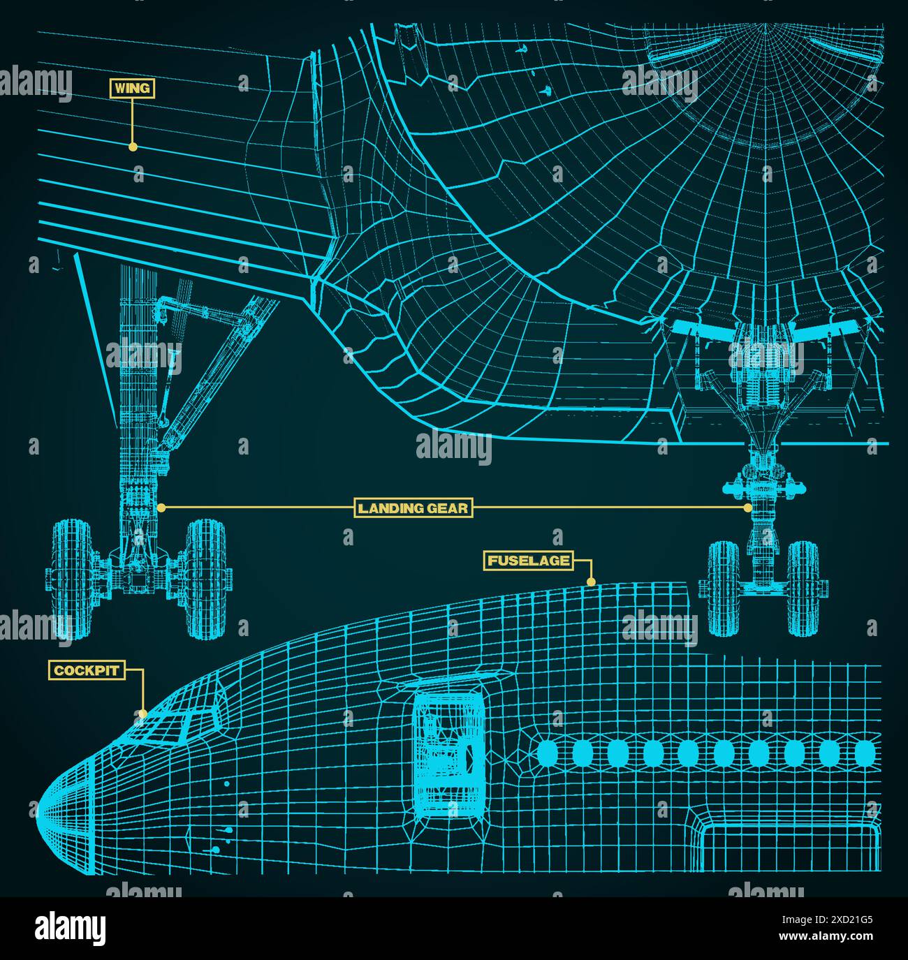 Illustrazione vettoriale di frammenti di disegni di un aereo civile Illustrazione Vettoriale