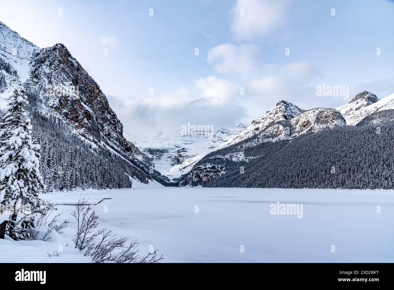 Incredibile paesaggio montano nel Parco Nazionale di Banff, nell'area del Lago Louise durante l'inverno, con la neve che copre l'incredibile area delle destinazioni turistiche. Foto Stock