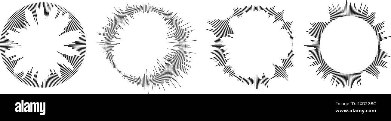 Set di schemi delle onde sonore radiali. Raccolta di icone audio circolare, musica o voce. Pacchetto simboli dello spettro equalizzatore ondulato rotondo. Fascio di raggi solari circolari. Elementi centrali Vector black soundwave Illustrazione Vettoriale