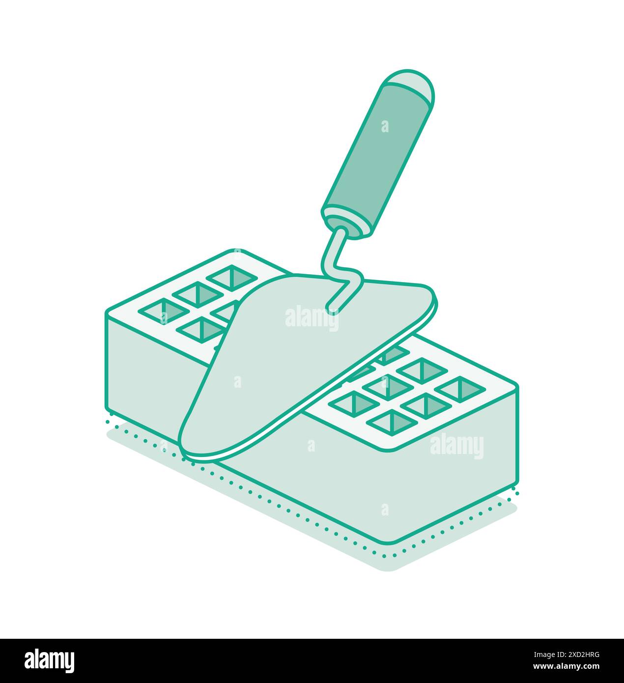 Cazzuola isometrica e mattone con fori. Illustrazione vettoriale. Delineare l'oggetto 3D isolato su sfondo bianco. Elemento infografica. Illustrazione Vettoriale
