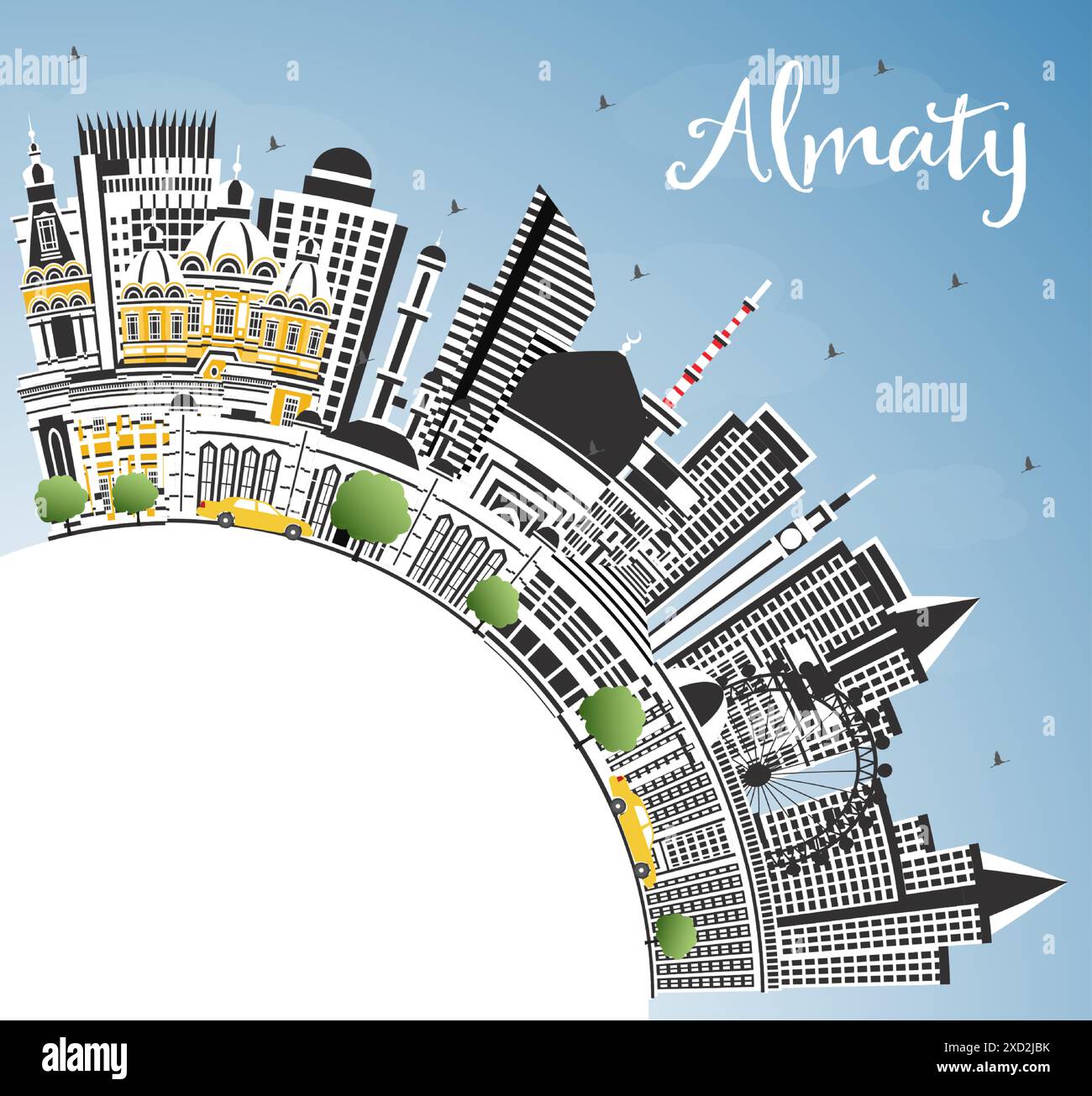 Skyline della città di Almaty Kazakistan con edifici colorati, cielo blu e spazio copia. Illustrazione vettoriale. Paesaggio urbano di Almaty con punti di riferimento. Viaggi d'affari e Illustrazione Vettoriale