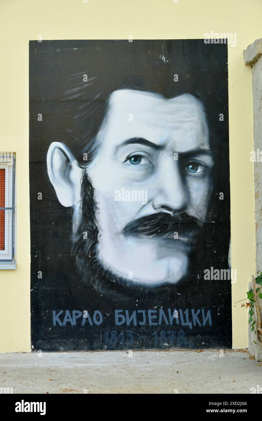 Murale di strada di "Karlo Bijelicki", fondatore della Sombor City Library nel 1859, Vojvodina, Serbia Foto Stock