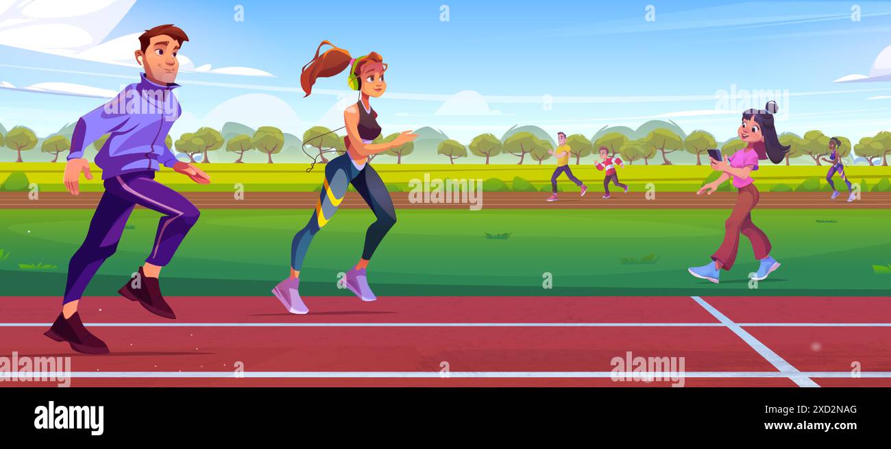 Uomo e donna corrono sulla pista dello stadio in un parco vettoriale. Linea maratona sportiva per gare di runner. Persone che si allenano su piste da corsa con sfondo di cartoni animati. Illustrazione gara di sprint olimpica all'aperto Illustrazione Vettoriale