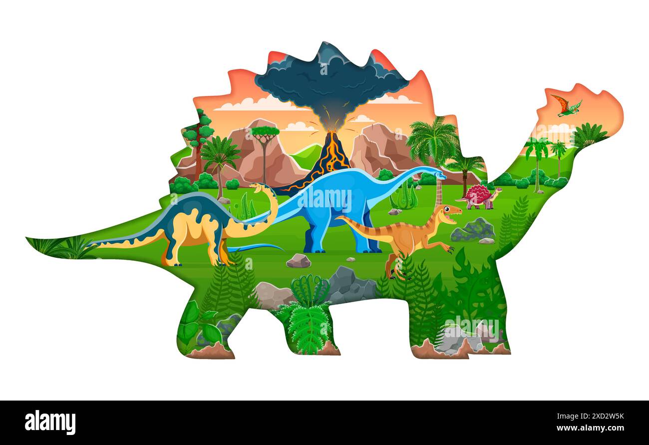 Silhouette tagliata in carta Dino con dinosauri preistorici. Cartoon 3d Vector papercut frame pieno di melanorosaurus, haplocanthosaurus, velociraptor, carbonemi e tapejara, vulcano e paesaggio verde Illustrazione Vettoriale