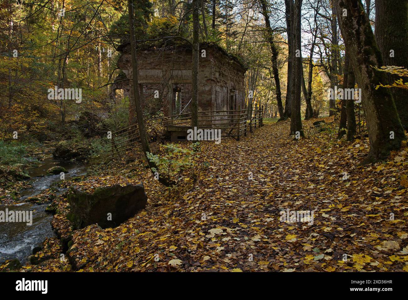 Rovina di 'Modry dum (Casa Blu)' nel parco pubblico 'Tercino udoli' a nove Hrady in Boemia meridionale, repubblica Ceca, Europa Foto Stock