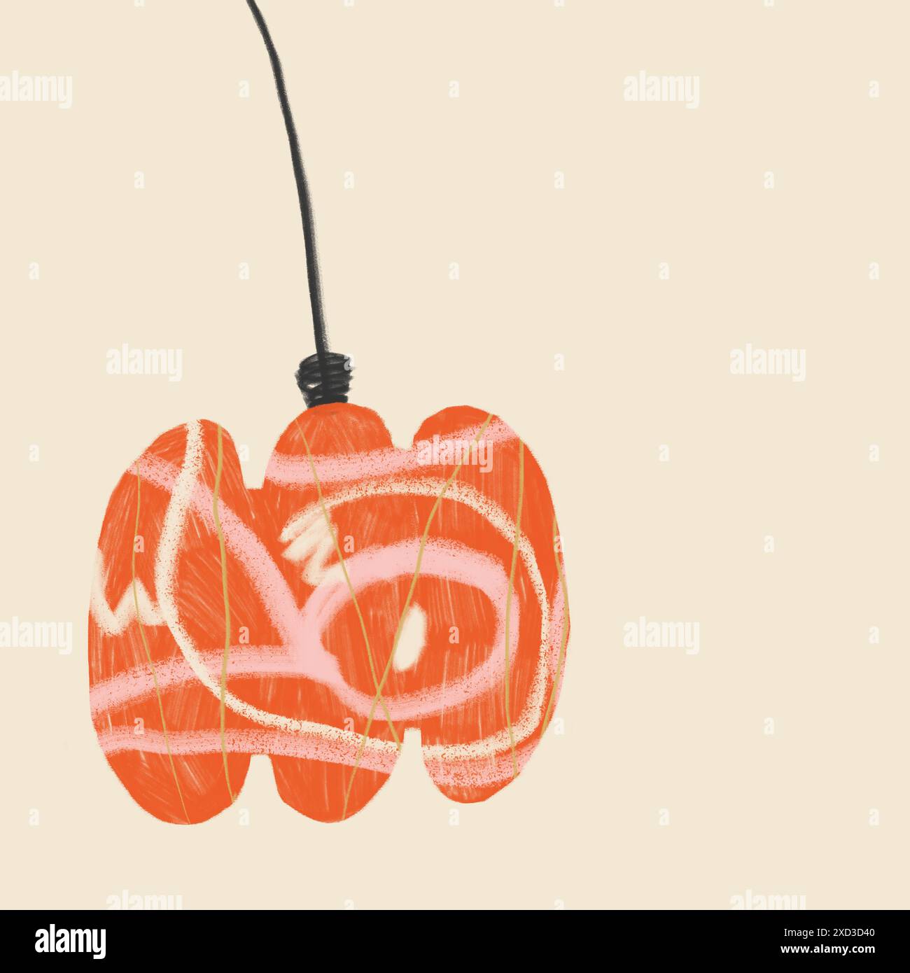 Un'illustrazione astratta di una lampadina con un cavo a sospensione su sfondo pastello. Foto Stock