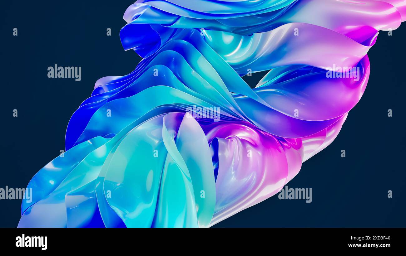 Rendering 3D dinamico di forme astratte con finitura lucida per auto in tonalità vorticose di blu e magenta Foto Stock
