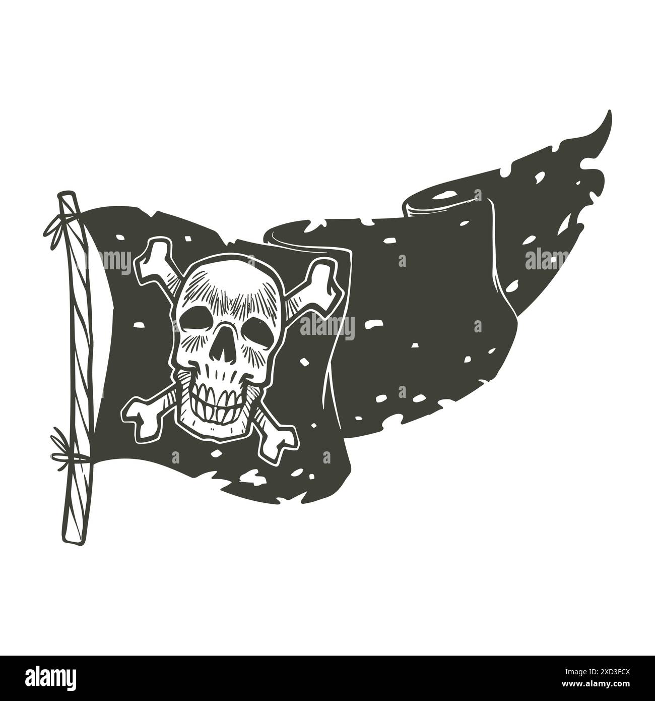 Bandiera dei pirati disegno vintage disegnato a mano in stile bianco e nero. Illustrazione vettoriale del concetto di attrezzatura pirata. Illustrazione Vettoriale