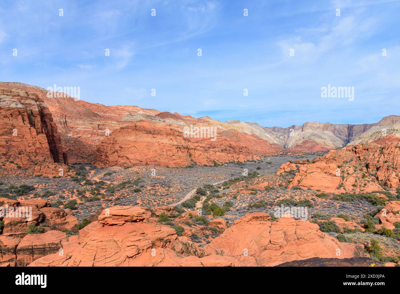 Veduta aerea dello splendido paesaggio dello Snow Canyon State Park con percorso che si snoda attraverso il parco. Scogliere di arenaria rossa Navajo, dune di sabbia pietrificate. Foto Stock