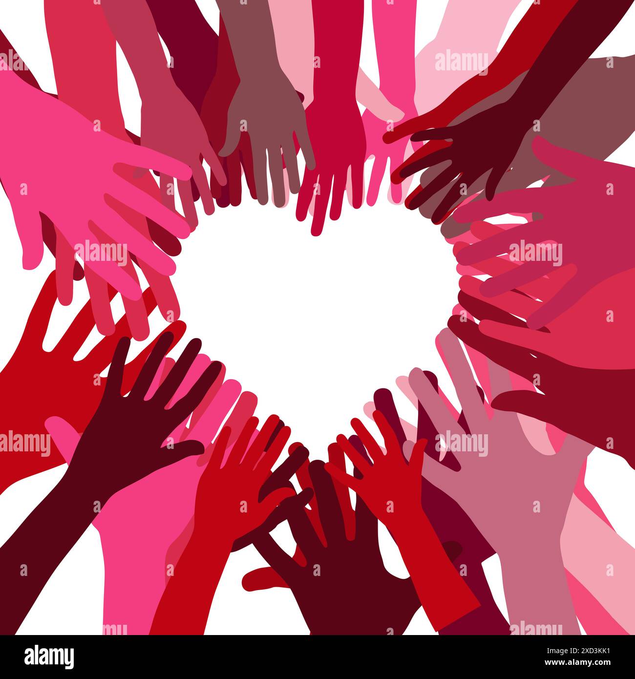 Le mani nelle tonalità del rosso formano un cuore con spazio testuale come simbolo di San Valentino e dell'amore Foto Stock