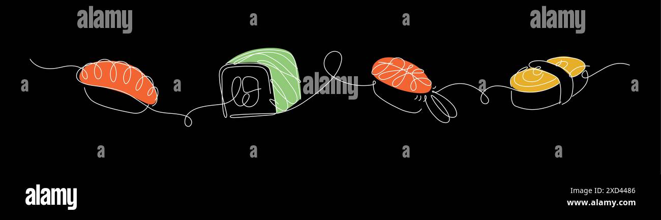 Il panorama sushi and roll disegna in stile lineare su sfondo nero. Illustrazione Vettoriale