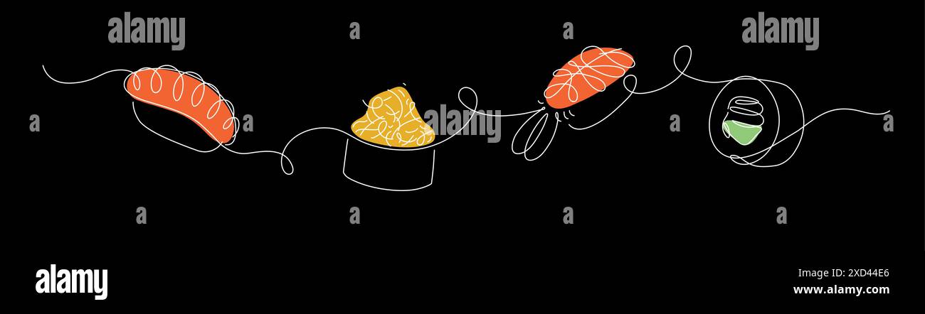 Panorama Roll and sushi disegna in stile lineare su sfondo nero. Illustrazione Vettoriale