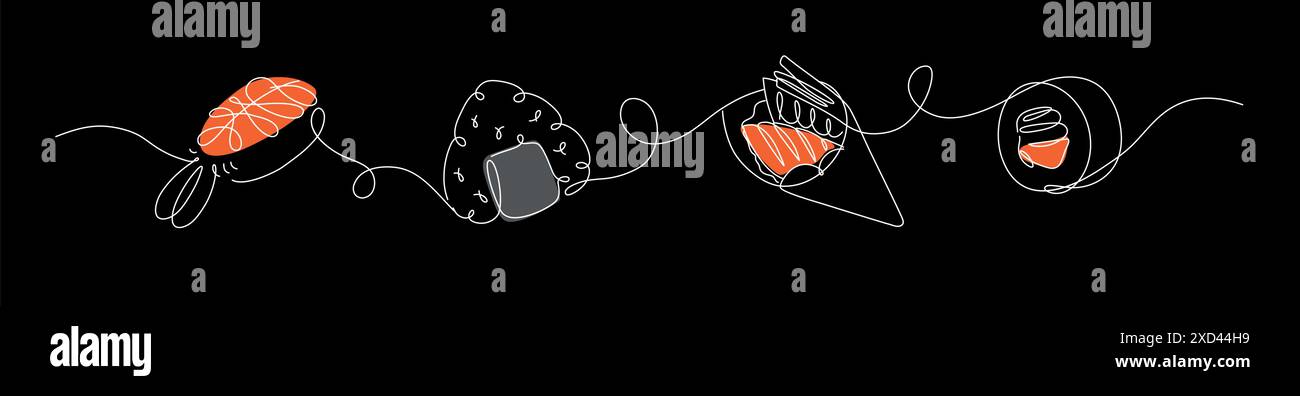 Sushi e roll nigiri, onigiri, temaki, maki e maki con cucina asiatica disegnano in stile lineare su sfondo nero. Illustrazione Vettoriale