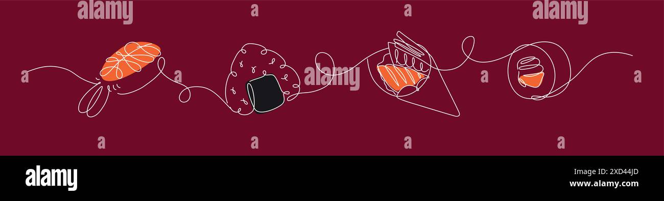 Sushi e roll nigiri, onigiri, temaki, maki e maki con cucina asiatica disegnano in stile lineare su sfondo rosso. Illustrazione Vettoriale