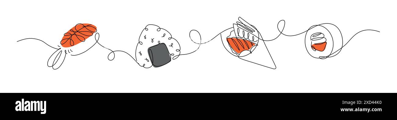Sushi e roll nigiri, onigiri, temaki, maki, maki con cucina asiatica disegnando in stile lineare con colori su sfondo bianco. Illustrazione Vettoriale