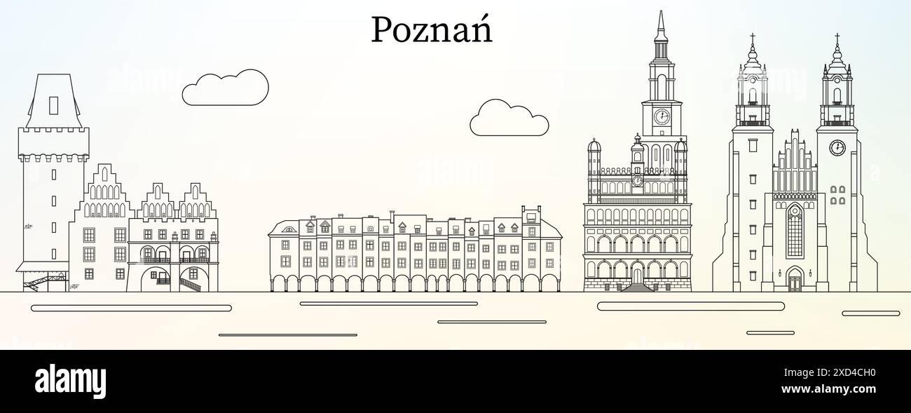 Lo skyline della città di Poznan con i principali punti di riferimento - illustrazione vettoriale di arte di linea Illustrazione Vettoriale