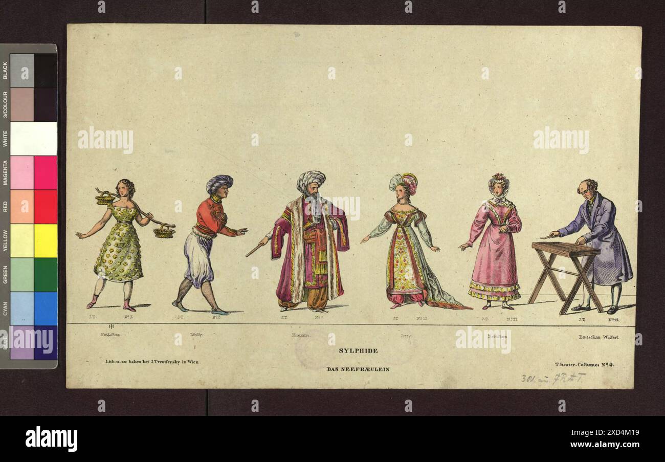 Altwiener Mandlbogen - Theaterfiguren (Blatt Nr. 10, Sylphide das Seefraeulein), aus der serie 'Theater Costumes' Joseph Trentsensky (1794-1839), editore Wien Museum, Scan, attore (sul palco) intorno al 1828 Foto Stock