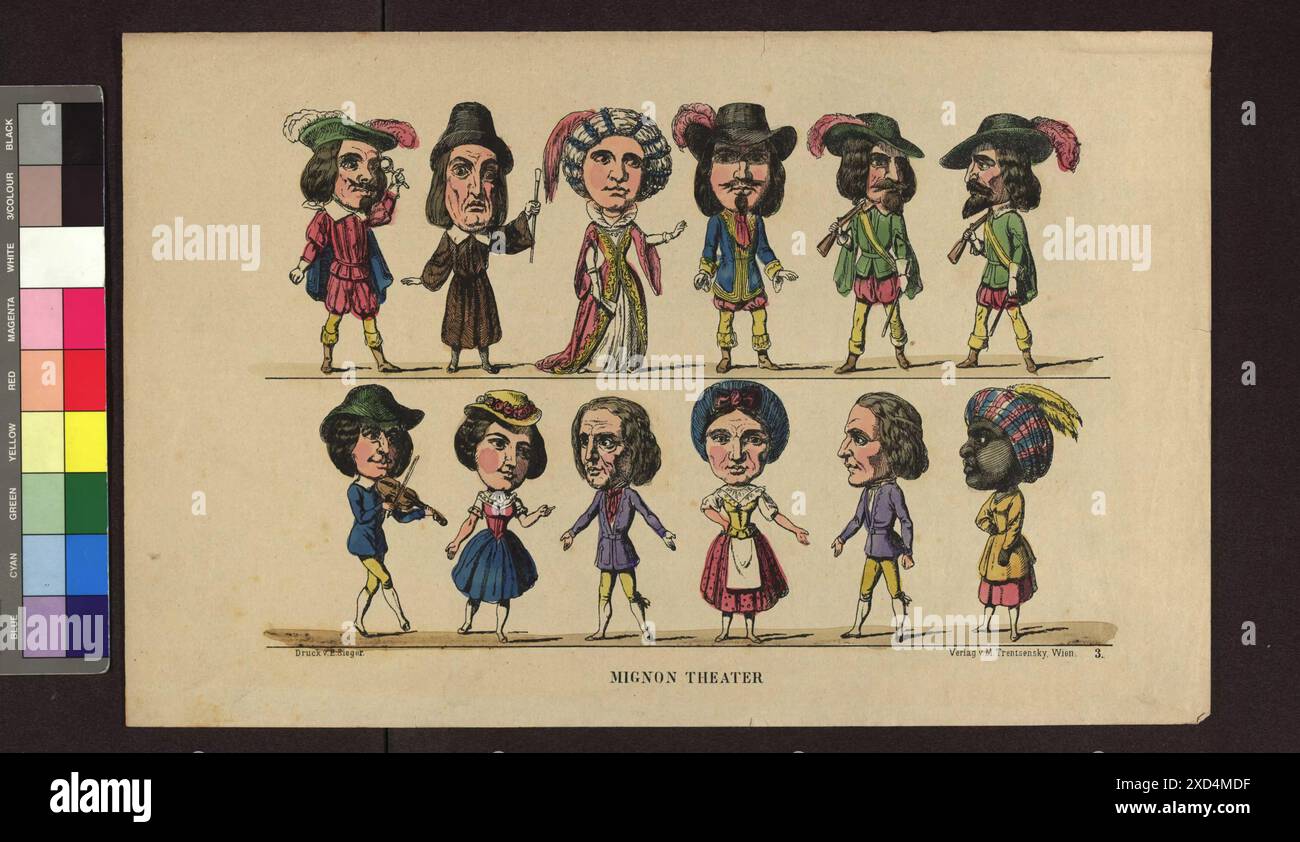 Litografia stampata da 'Theater-Costumes' di Matthäus Trentsensky, stampata da Eduard Sieger, che mostra attori del Mignon-Theater in stile Mandlbogen viennese del XIX secolo intorno al 1845. Foto Stock