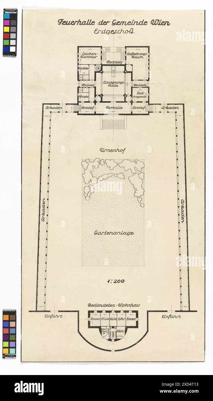 11., Simmeringer Hauptstraße 337 - Grundrisse der Feuerhalle der Gemeinde Wien - Erdgeschoß Clemens Holzmeister (1886-1983), museo dell'architetto Wien, Peter Kainz, cimitero, cimitero, pianificare  architettura intorno al 1922 Foto Stock