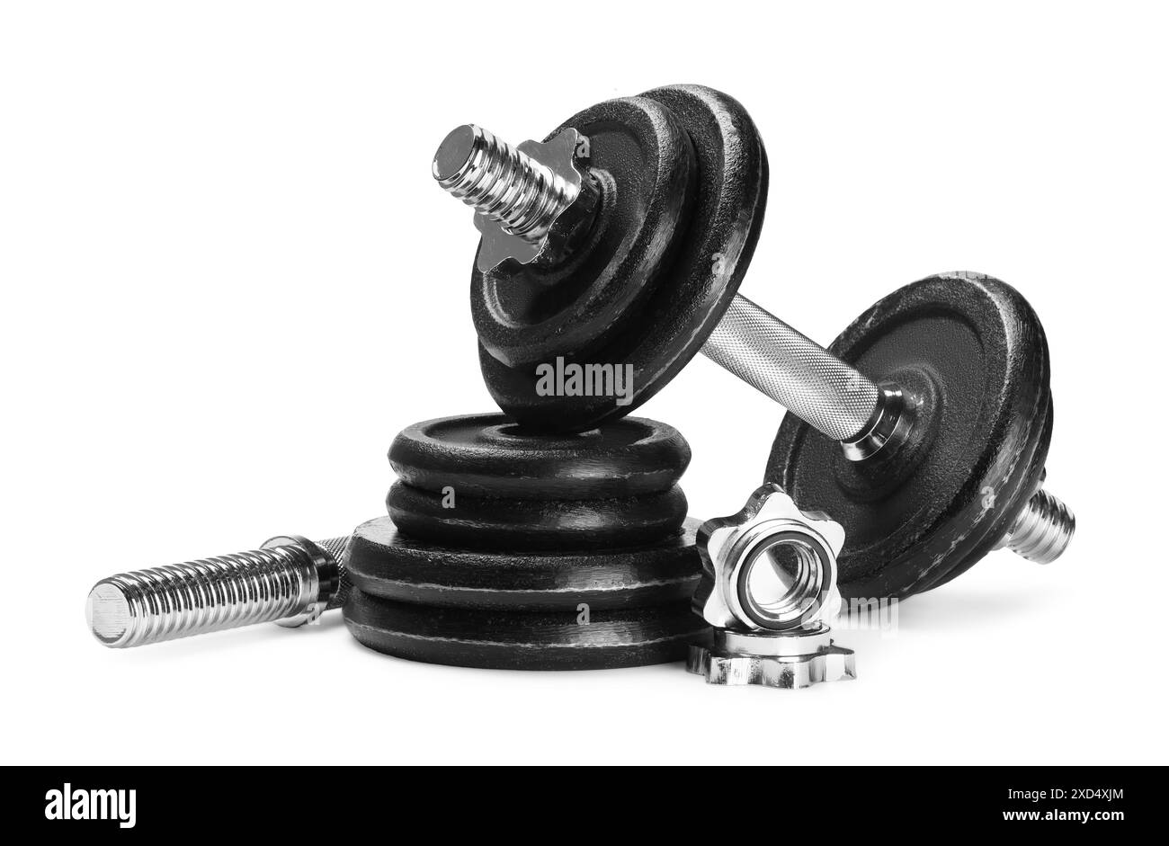 Barbell e parti di uno isolato sul bianco Foto Stock