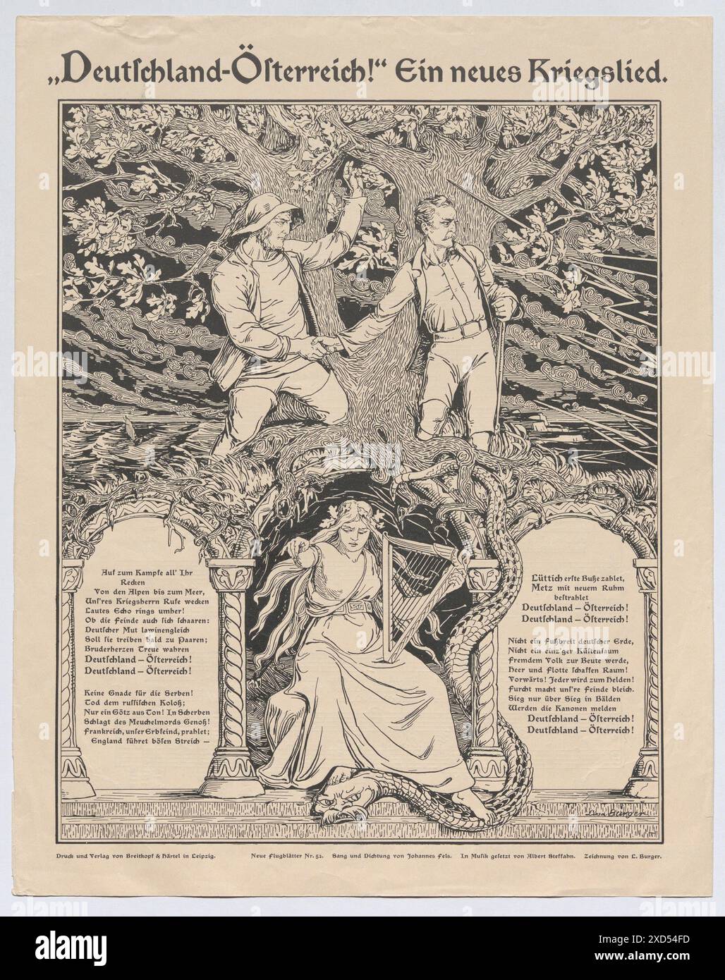 N. 53 der 'Neuen Flugblätter' (Liedtext mit Noten): ''Deutschland-Österreich!' Ein neues Kriegslied' After: Ludwig Burger (1825-1884), Drawer, Johannes Fels, Auteur, Albert Steffahn, compositore, Breitkopf & Härtel, casa editrice Wien Museum, Scan, foglio singolo stampato: Brochure, opuscolo, propaganda politica, il soldato, la vita del soldato 1915 Foto Stock