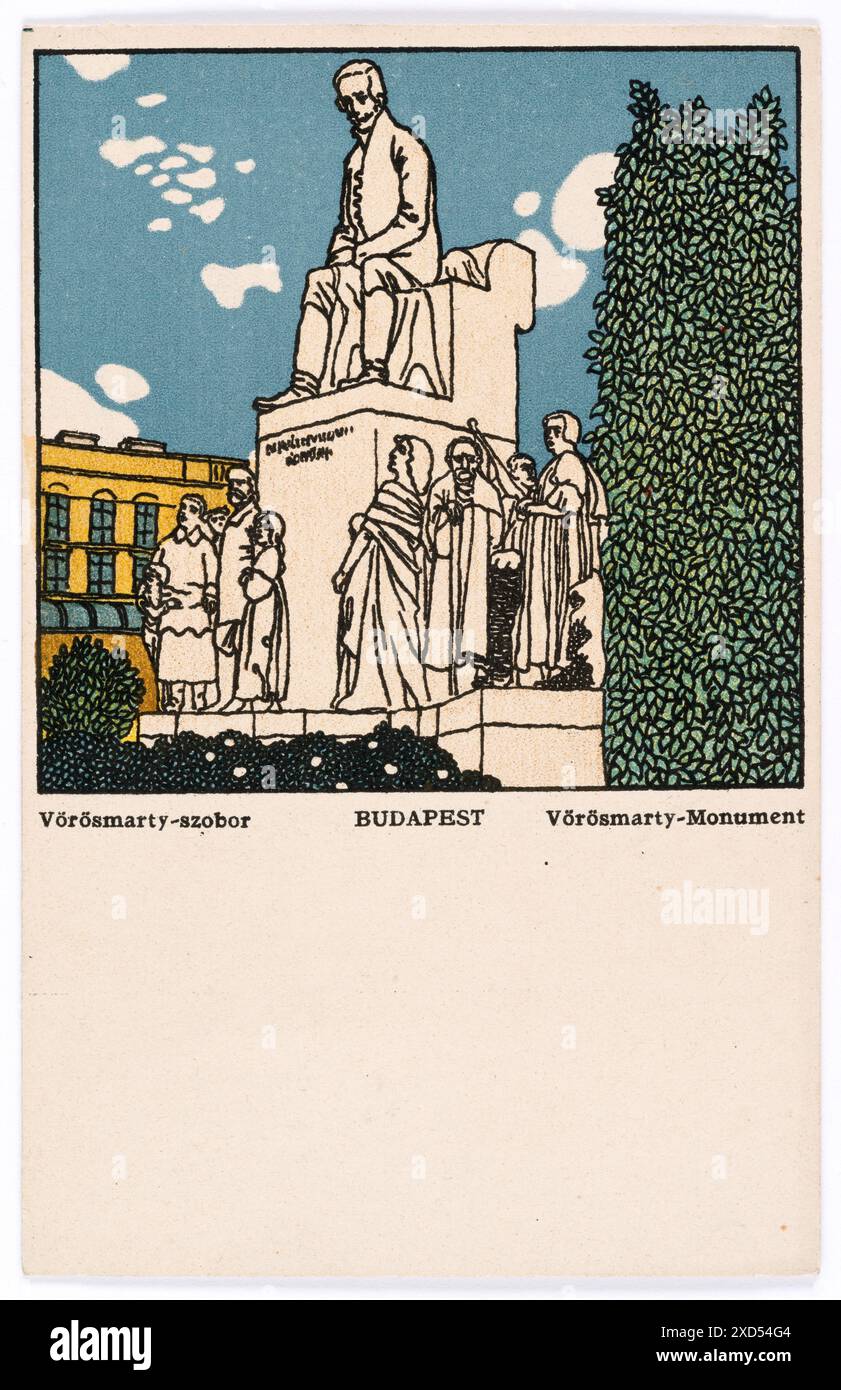 Postkarte der Wiener Werkstätte Nr. 461: Budapest, Vörösmarty-Monument Franz Bernhard Kuhn (1889-1952), artista, Wiener Werkstätte, casa editrice TimTom/L. Hilzensauer, monumento, statua 1911 Foto Stock