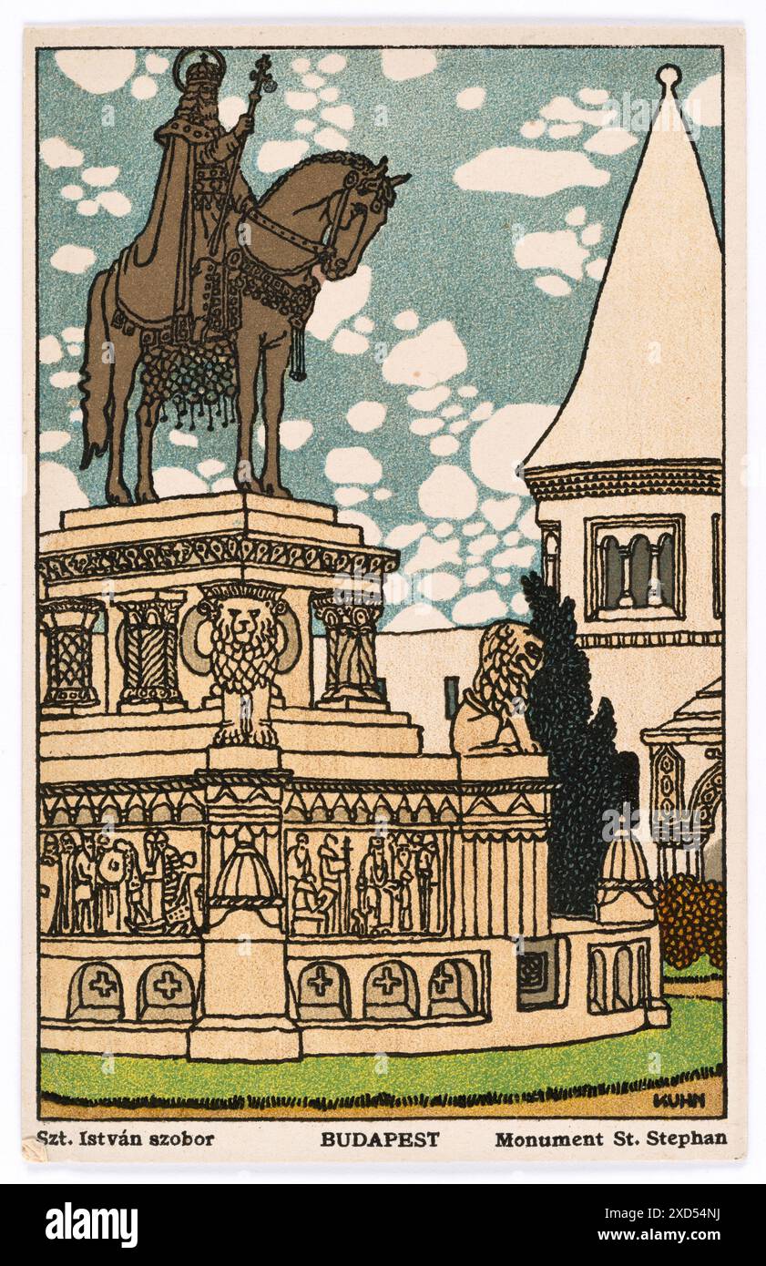 Postkarte der Wiener Werkstätte Nr. 457: Budapest, Monument St. Stephan Franz Bernhard Kuhn (1889-1952), artista, Wiener Werkstätte, casa editrice TimTom/L. Hilzensauer, monumento, statua, statua equestre 1911 Foto Stock