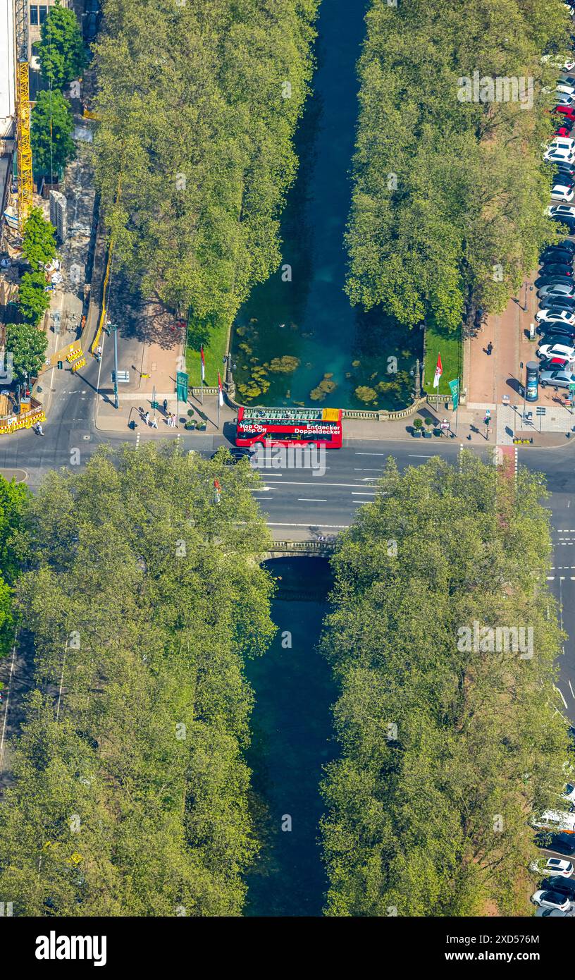 Vista aerea, autobus a due piani Hop-On Hop-Off con piano superiore scoperto, tour panoramico della città, ponte Stadtgraben con Königsallee boscoso e Benrather Str Foto Stock