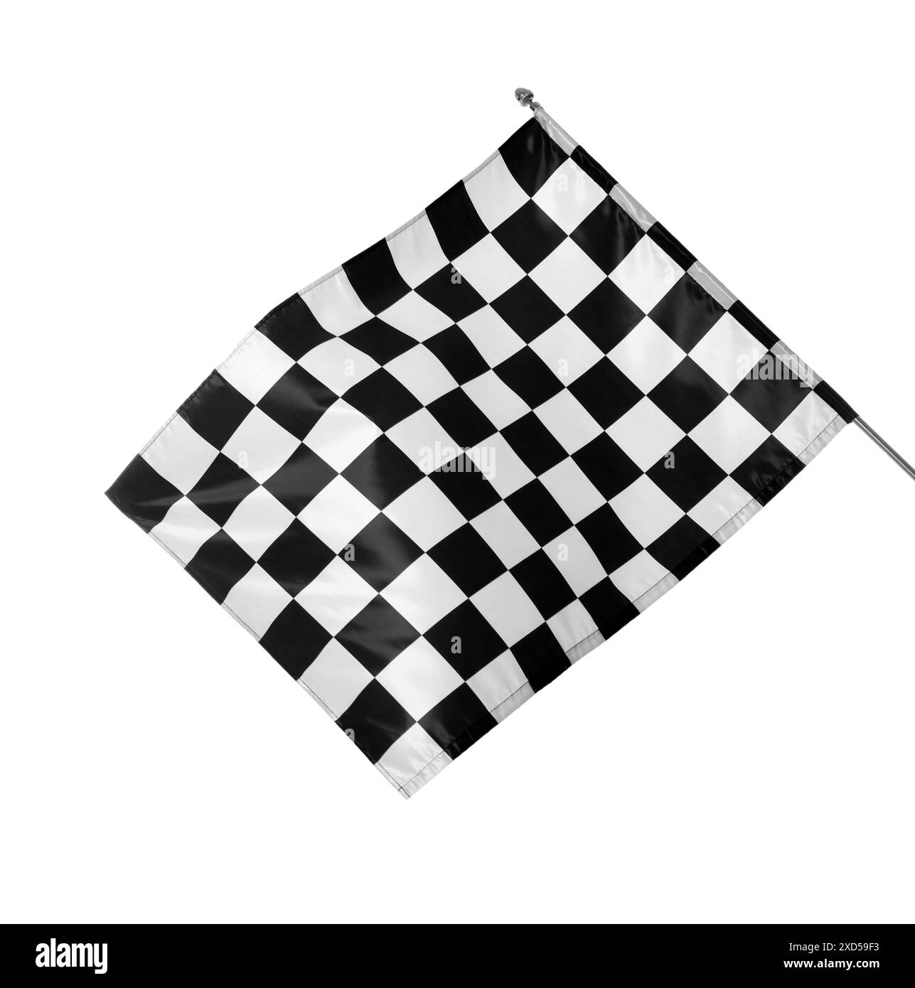 Un flag di finitura a scacchi isolato su bianco Foto Stock