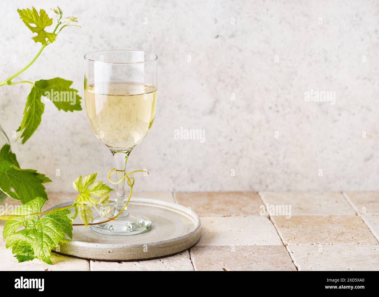 Natura morta con un bicchiere di vino bianco e foglie d'uva su un piatto di ceramica d'annata nella cucina di casa. Consumismo di cibo e bevande. Foto Stock